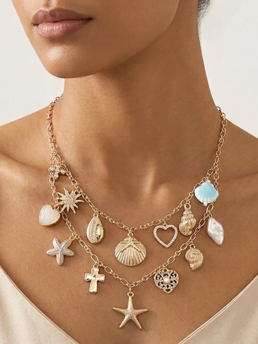 Starfish Summer Beach Shell Pearl Heart Cross Charm Layered Statement Necklace